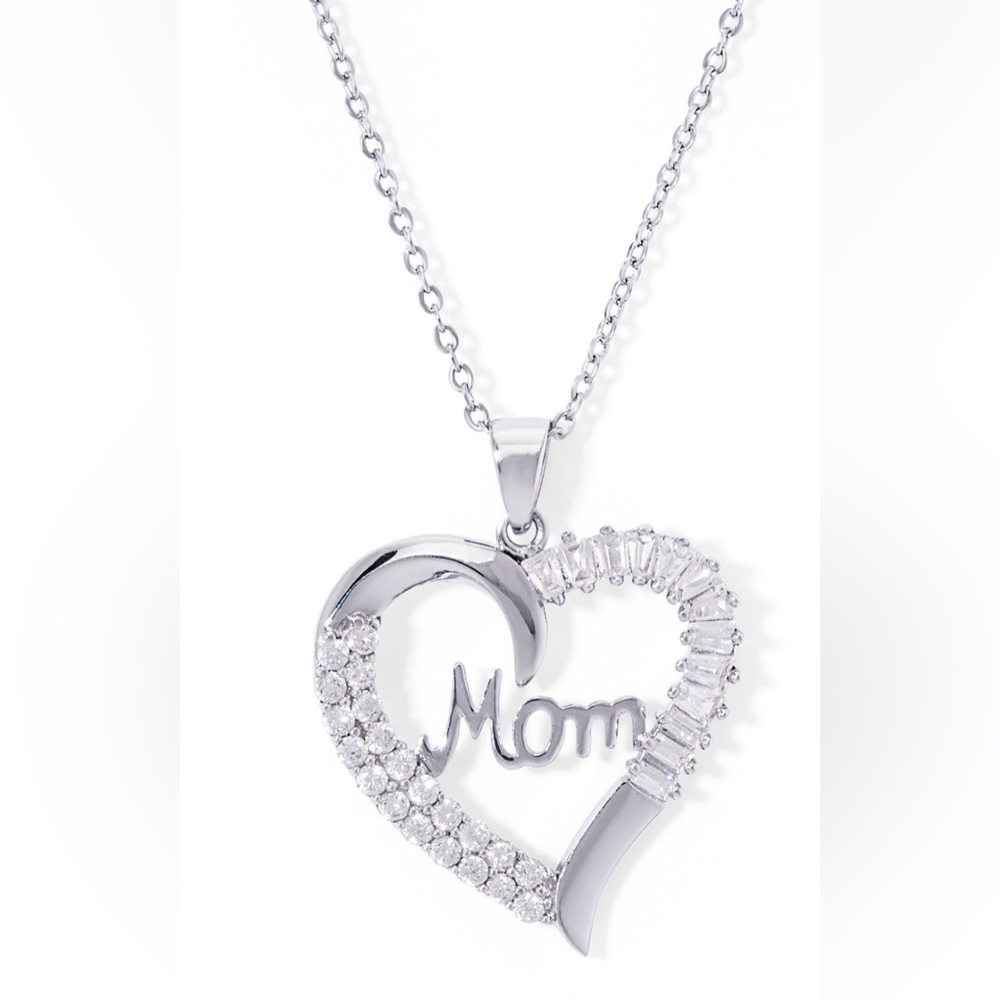 Silver Plated Cubic Zirconia Mom Heart Pendant 18" Necklace